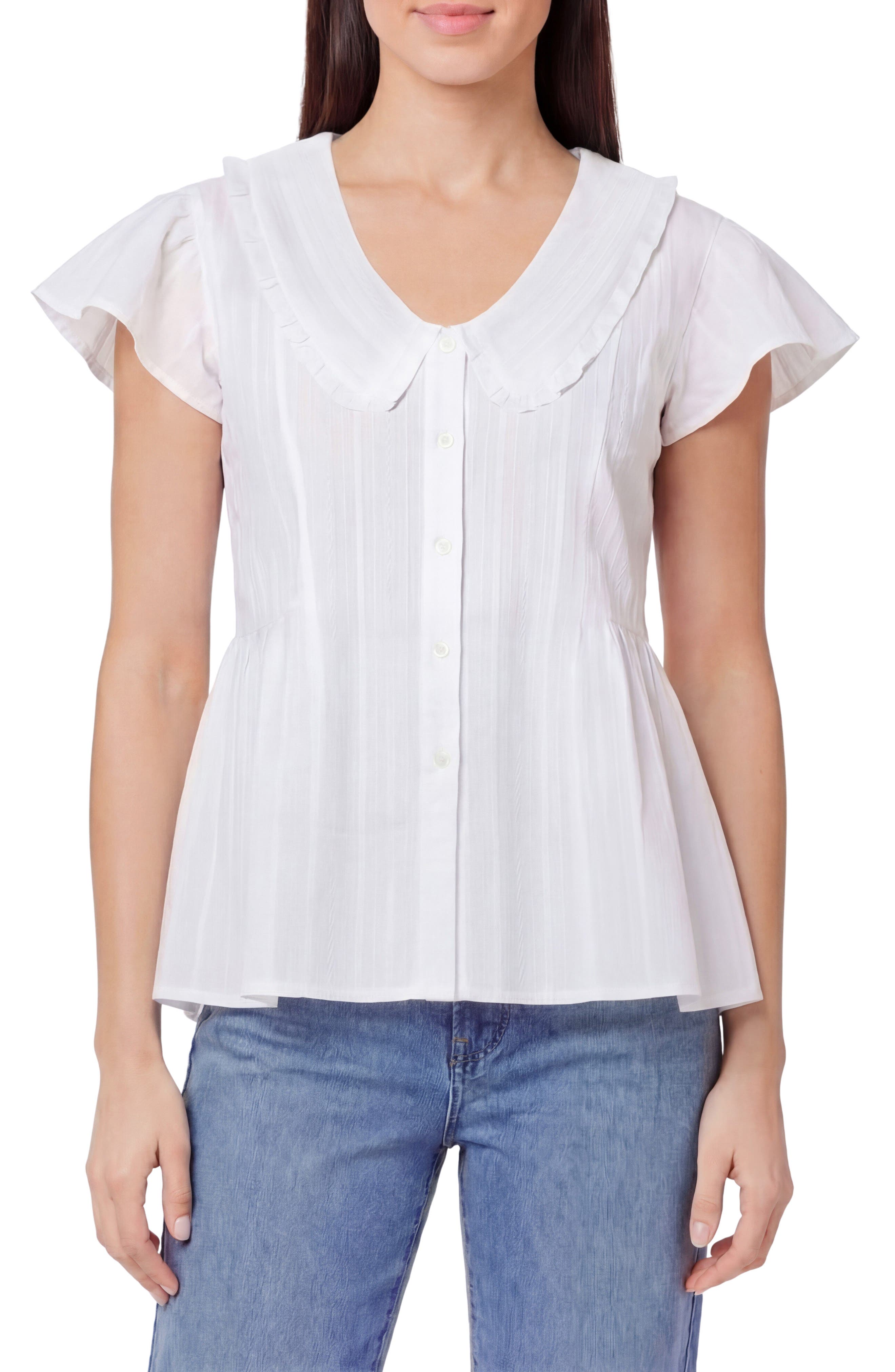 Kensie Peter Pan Collar Cap Sleeve Button-Up Top