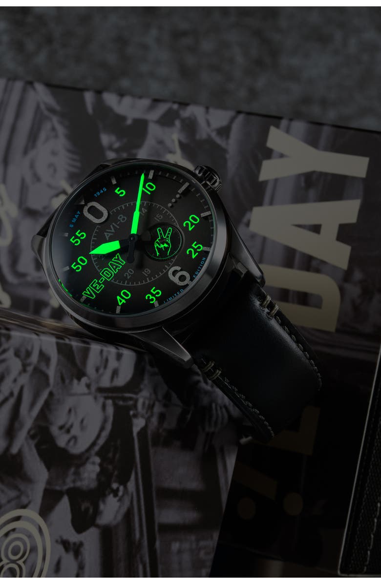AVI-8 Spitfire Type 300 Automatic VE-Day 80th Anniversary Limited Edition Leather Strap Watch, 41mm, Alternate, color, Black
