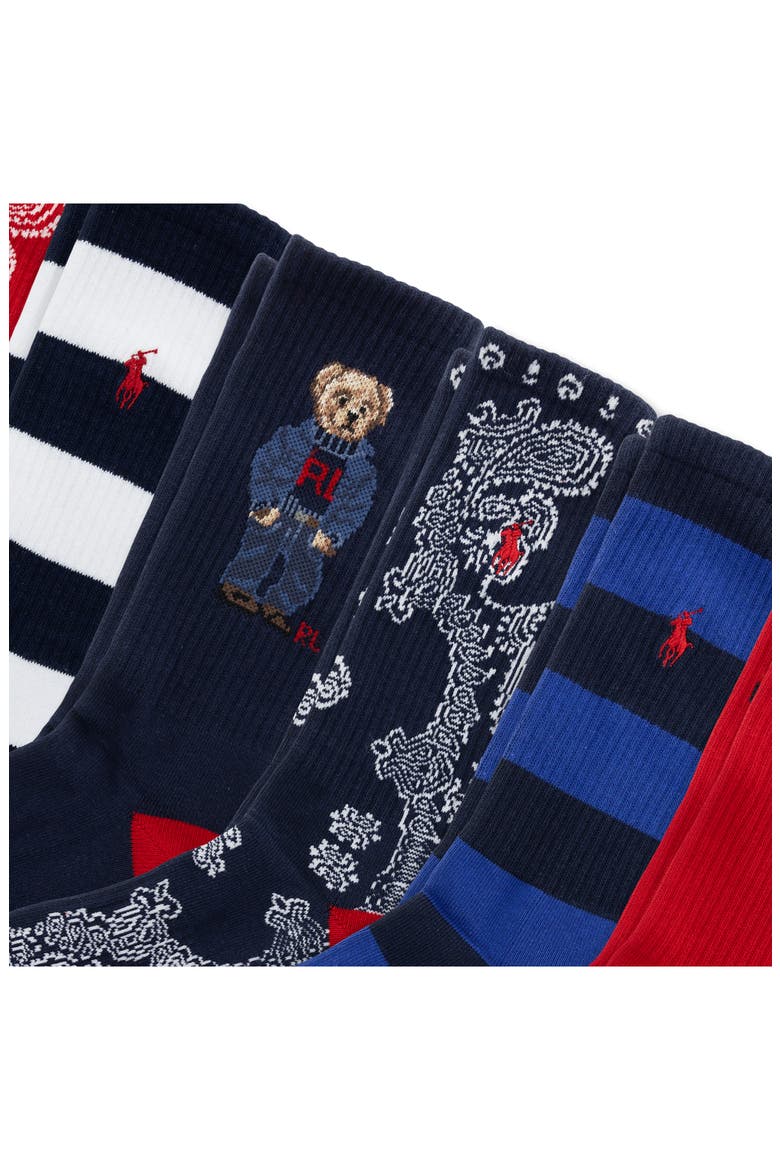 Assorted 6-Pack Stripe, Bandana & Denim Bear Crew Socks, Alternate, color, NAVY