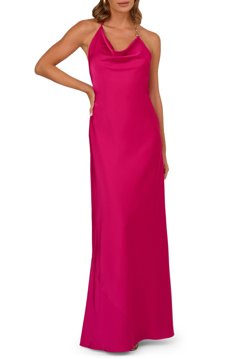 Adrianna Papell Open Back Satin Gown, Main, color, Bright Rose
