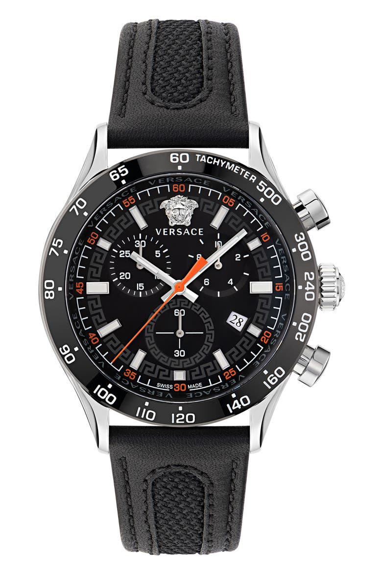 Hellenyium Chronograph Leather Strap Watch, 44mm, Main, color, STAINLESS STEEL