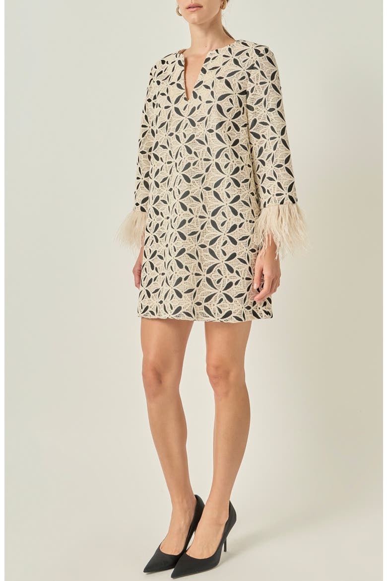 Crochet Minidress with Feather Cuffs, Alternate, color, CREAM/ BLACK