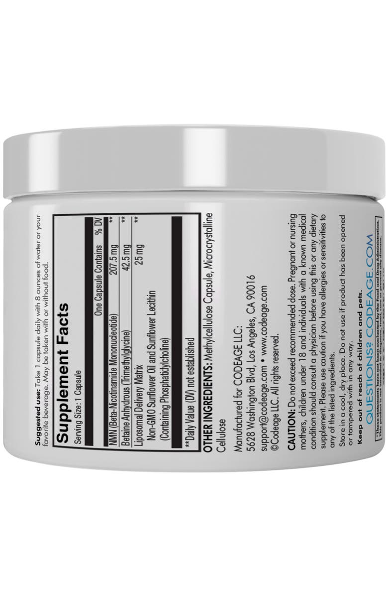 Codeage Liposomal NMN & Betaine Anhydrous TMG Capsules Supplement, NAD + Precursor, Vegan, 30 ct, Alternate, color, White