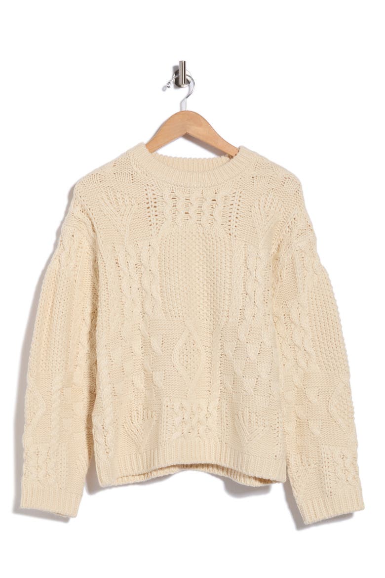 Patchwork Cable Knit Sweater, Alternate, color, BONE