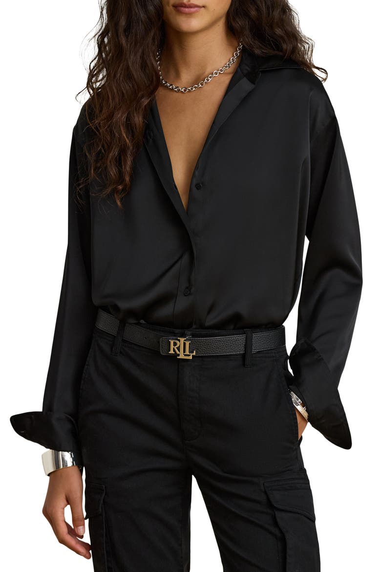Kotta Satin Button-Up Shirt, Main, color, BLACK