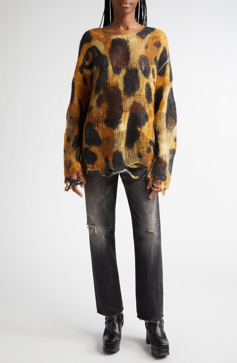 R13 Distressed Leopard Print Boyfriend Sweater, Alternate, color, 