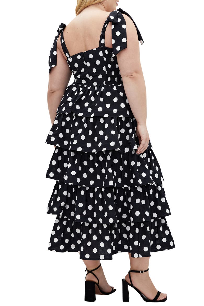 Elina Polka Dot Tie Strap Tiered Midi Dress, Alternate, color, SPOT