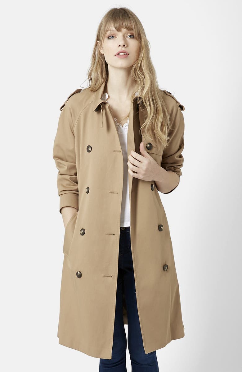 Topshop Double Breasted Cotton Trench, Main, color, 