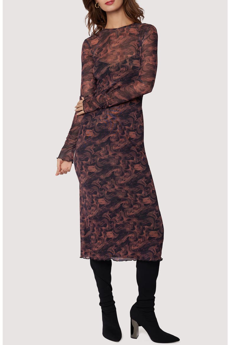Contessa Long Sleeve Mesh Midi Dress, Main, color, COPPER BLACK