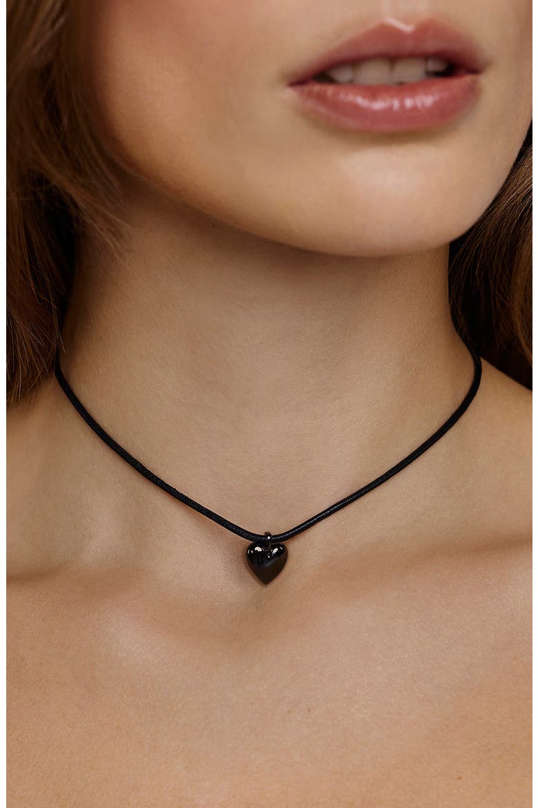 Puffy Heart Cord Choker Necklace, Alternate, color, HEMATITE