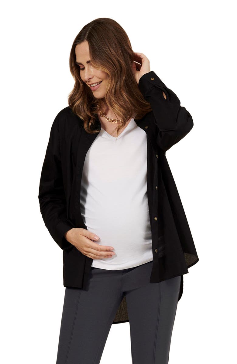 MOTHERHOOD MATERNITY Long Sleeve Button-Up Poplin Shirt, Alternate, color, Black