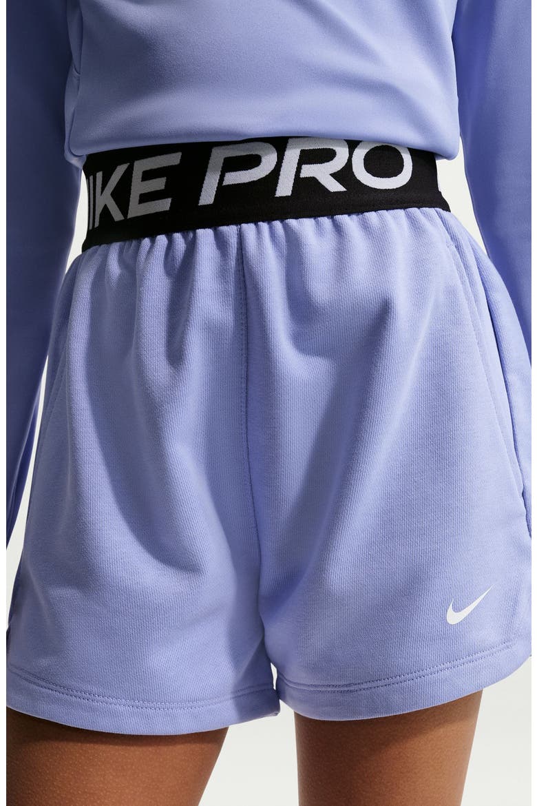 Kids' Dri-FIT Fleece Shorts, Alternate, color, LIGHT THISTLE/ BLACK/ WHITE