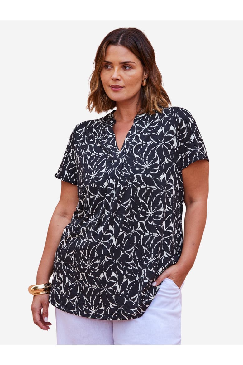Print Nehru Collar Top, Main, color, Black