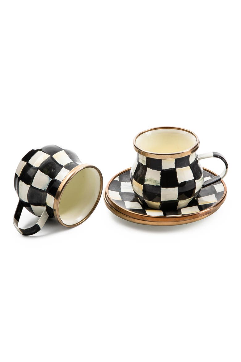 Courtly Check Enameled Steel Espresso Cups & Saucers Set, Alternate, color, BLACK/ WHITE