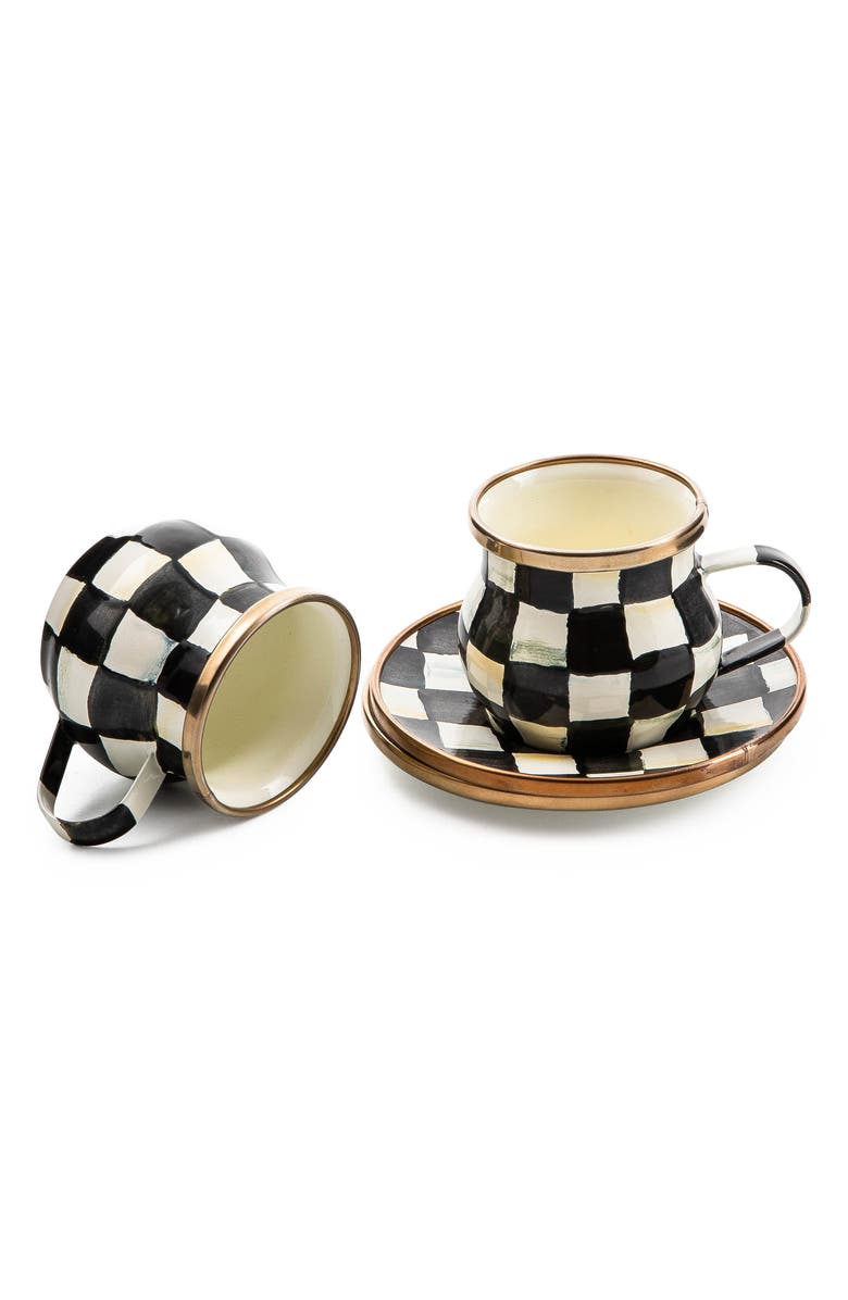 MACKENZIE CHILDS Courtly Check Enameled Steel Espresso Cups & Saucers Set, Alternate, color, Black/ White