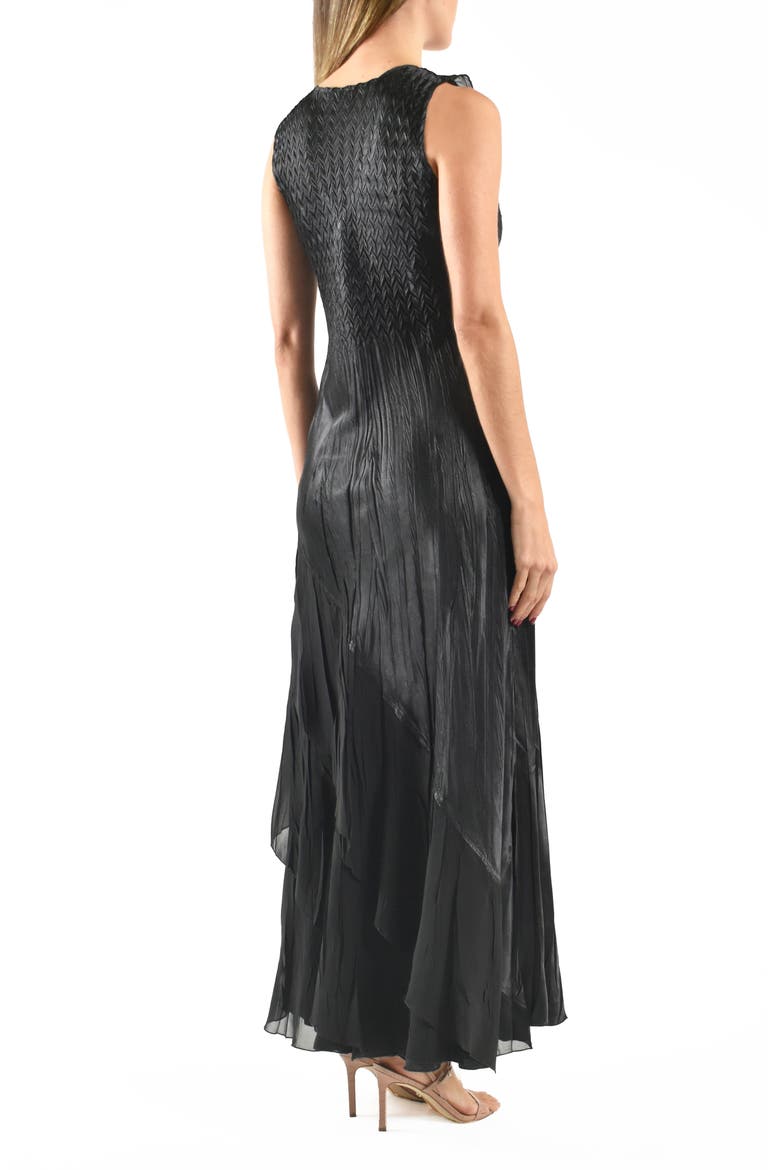 Side Ruffle Charmeuse & Chiffon Gown, Alternate, color, BLACK