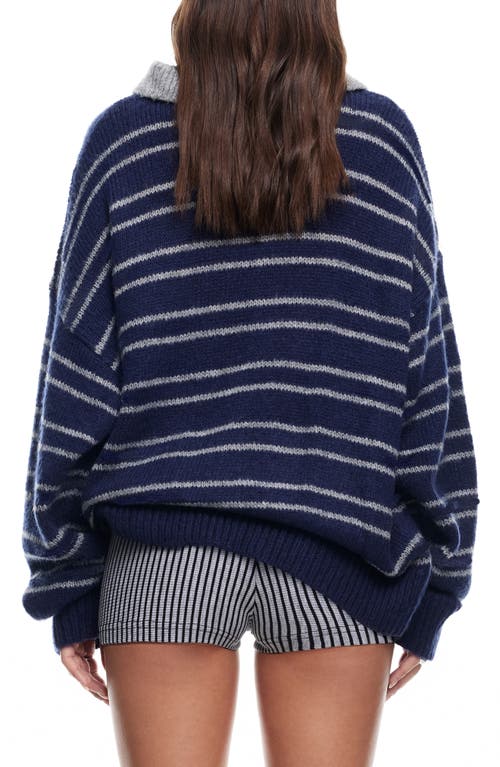 Shop Lioness Rising Sun Stripe Polo Sweater In Navy