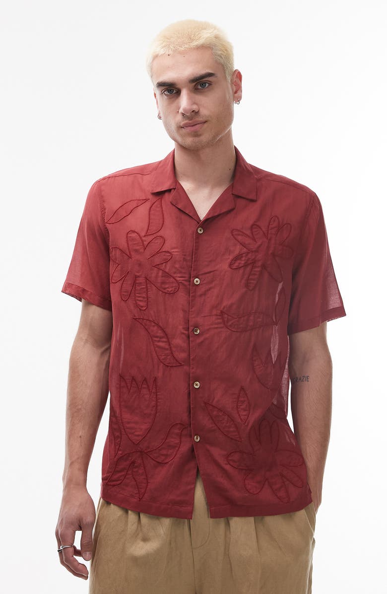 Topman Sheer Embroidered Camp Shirt, Main, color, Red