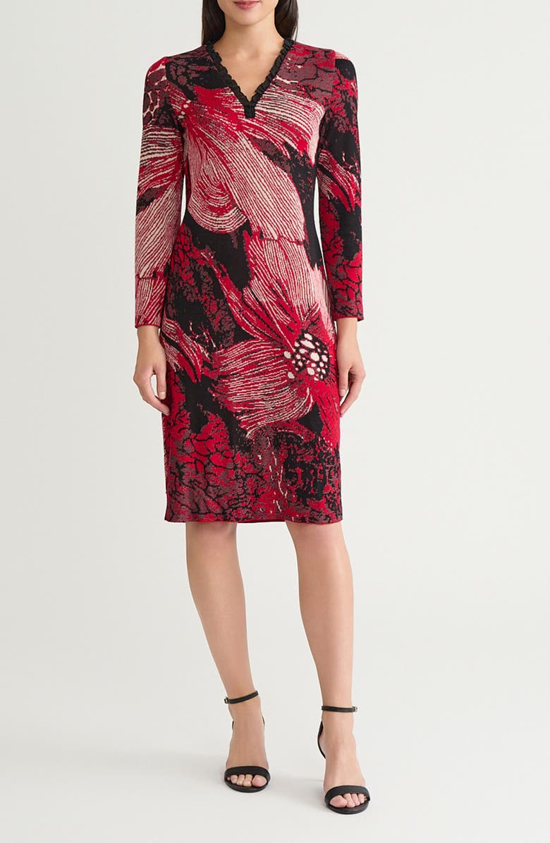 Ming Wang Floral Jaquard Ruffle Trim Long Sleeve Dress, Main, color, Holiday/ Twig/ Black
