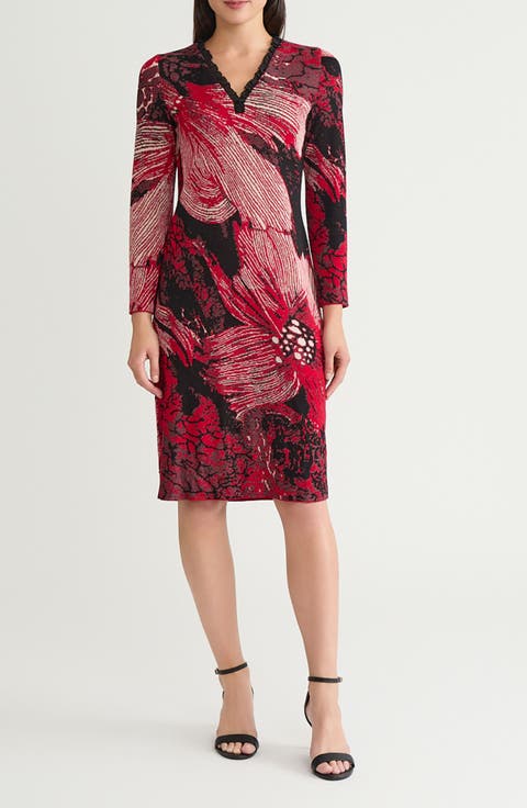 Floral Jaquard Ruffle Trim Long Sleeve Dress