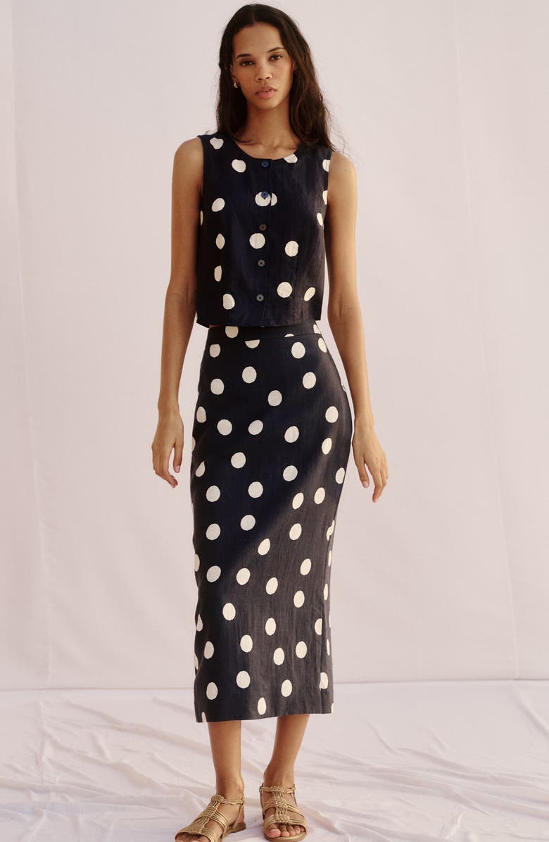 Boden Andrea Linen Sleeveless Button-Up Shirt, Alternate, color, Navy Spot