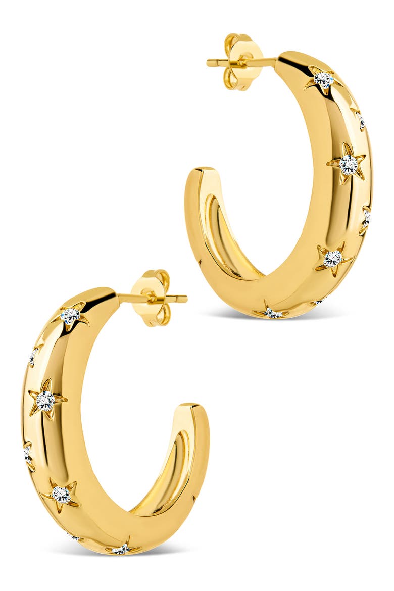 Cubic Zirconia Star Accent Hoop Earrings, Alternate, color, GOLD