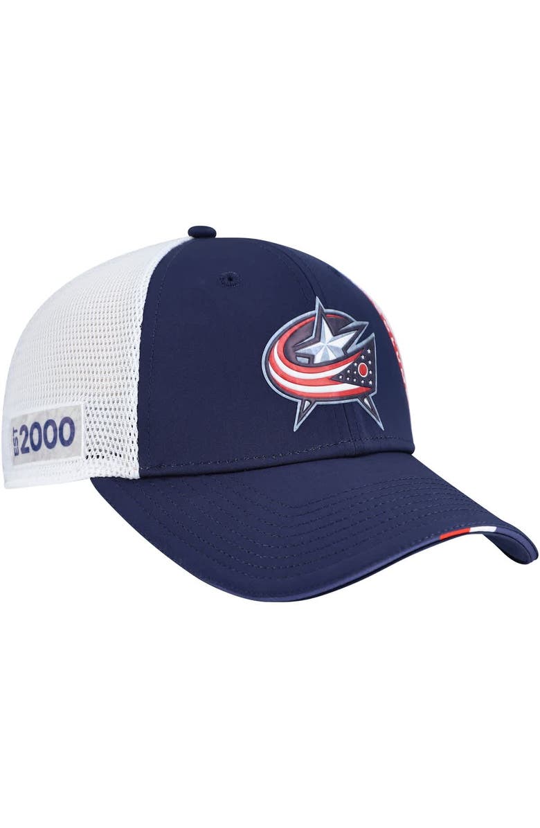 FANATICS Men's Fanatics Navy Columbus Blue Jackets Authentic Pro Draft Adjustable Trucker Hat, Main, color,