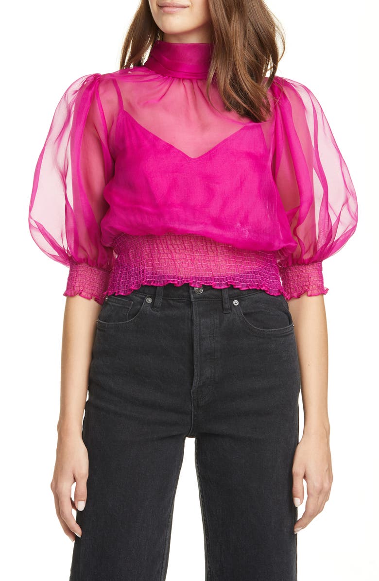 Cinq à Sept Cleo Puff Sleeve Silk Crop Top, Main, color,