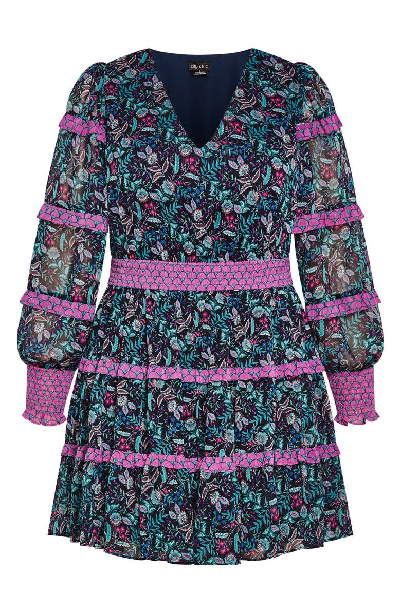 City Chic Hollie Print Long Sleeve Tiered Dress, Alternate, color, Florentine