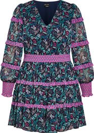 City Chic Hollie Print Long Sleeve Tiered Dress