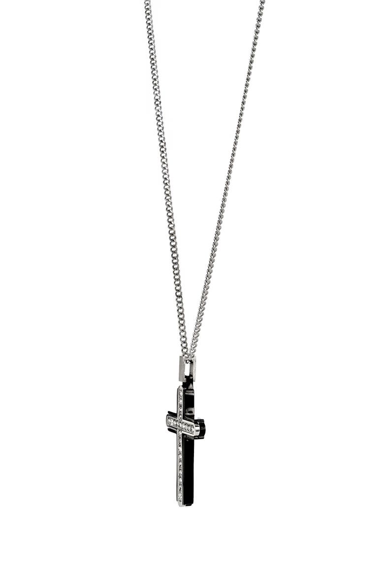 Men's Crystal Studded Cross Pendant Necklace, Alternate, color, SILVER/ BLACK