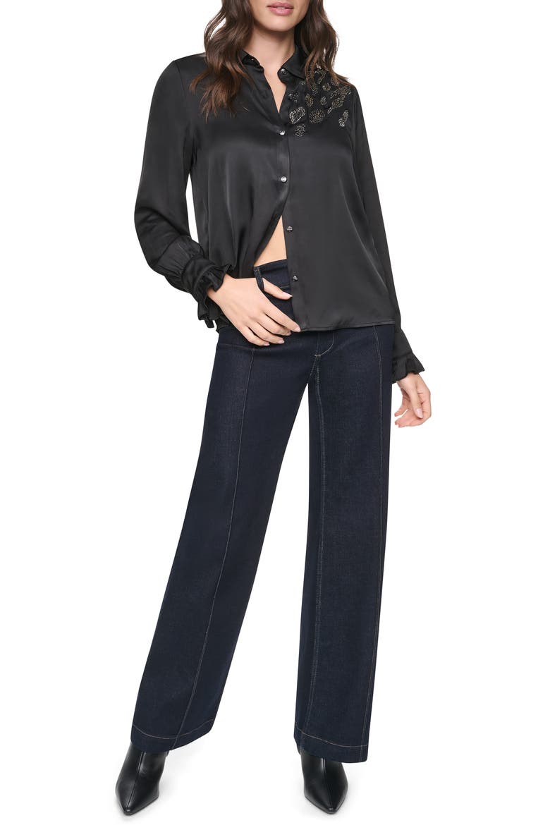 Animal Heat Set Studs Satin Button-Up Shirt, Alternate, color, BLACK