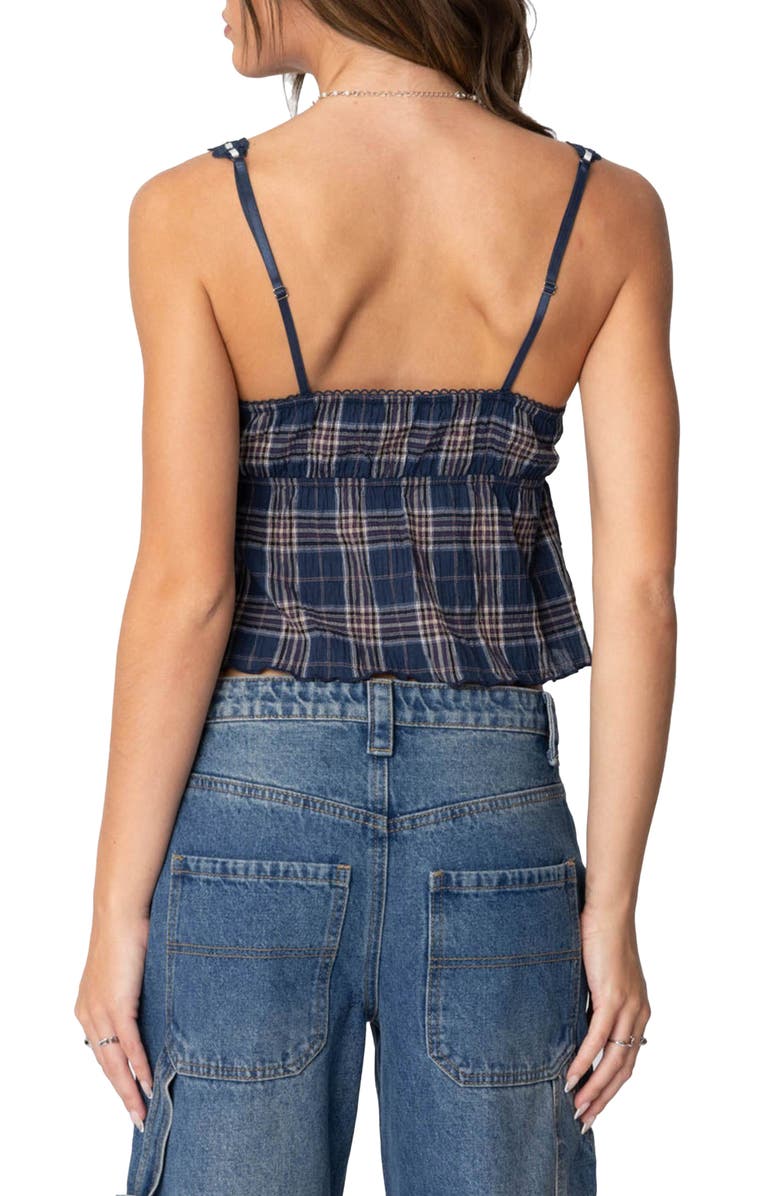 EDIKTED Plaid Lace Trim Crop Camisole, Alternate, color, Navy