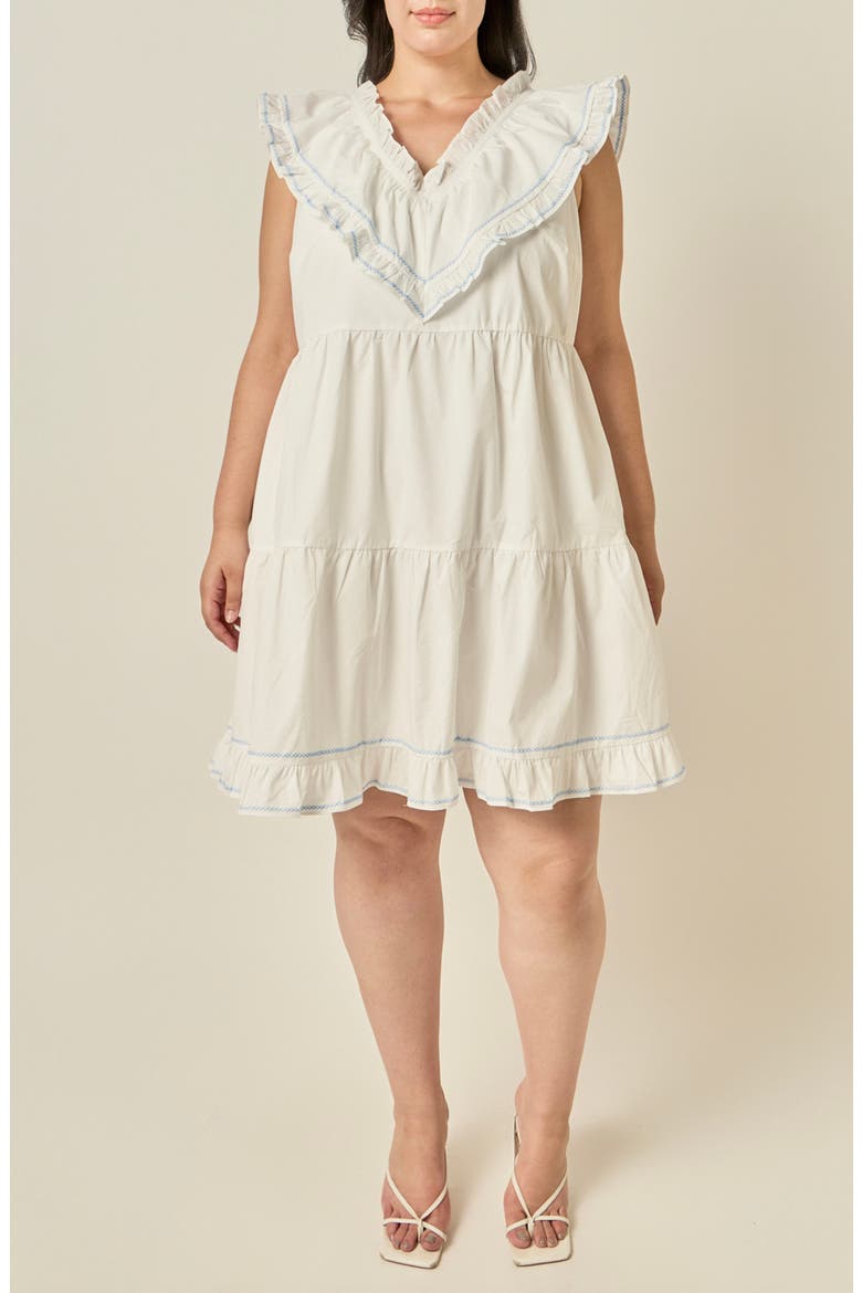 Contrast Embroidered Ruffled Minidress, Main, color, WHITE