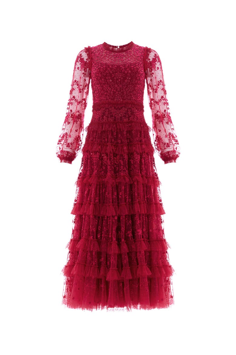 Blossom Long Sleeve Lace Ankle Gown, Alternate, color, Red