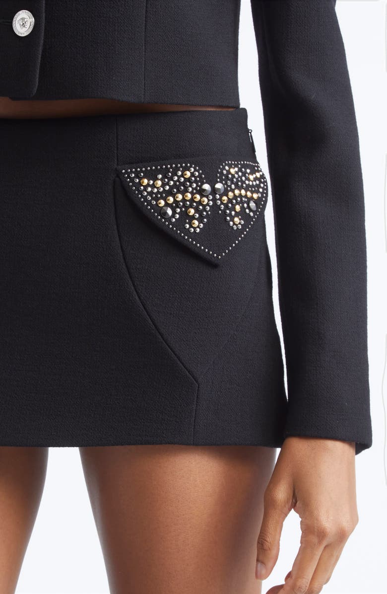 Versace Embellished Wool Crepe Miniskirt, Alternate, color, Black