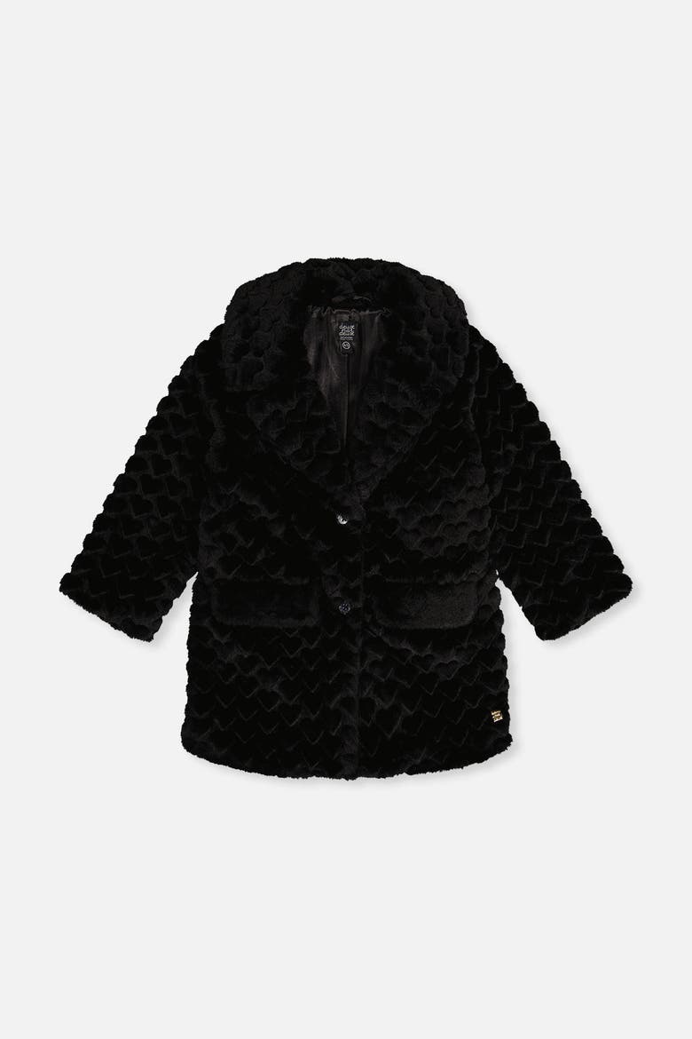 Heart Textured Faux Fur Button Front Long Coat, Main, color, Black