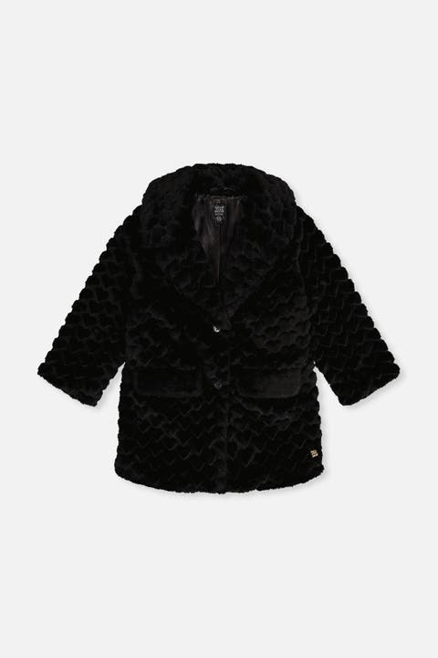 Heart Textured Faux Fur Button Front Long Coat