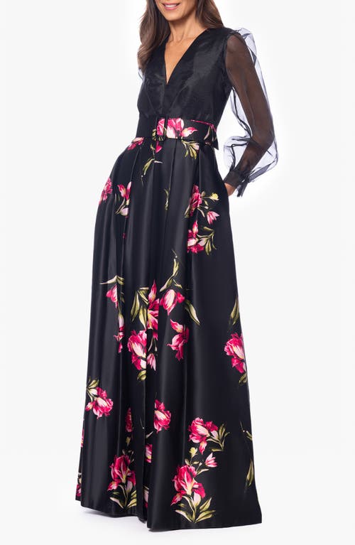 BETSY & ADAM BETSY & ADAM FLORAL MIXED MEDIA LONG SLEEVE A-LINE GOWN 