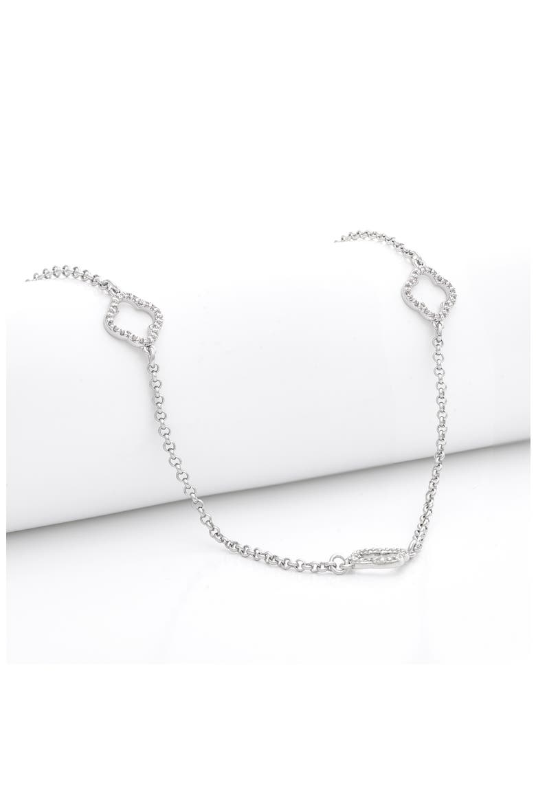 Pavé CZ Clover Station Necklace, Alternate, color, WHITE RHODIUM