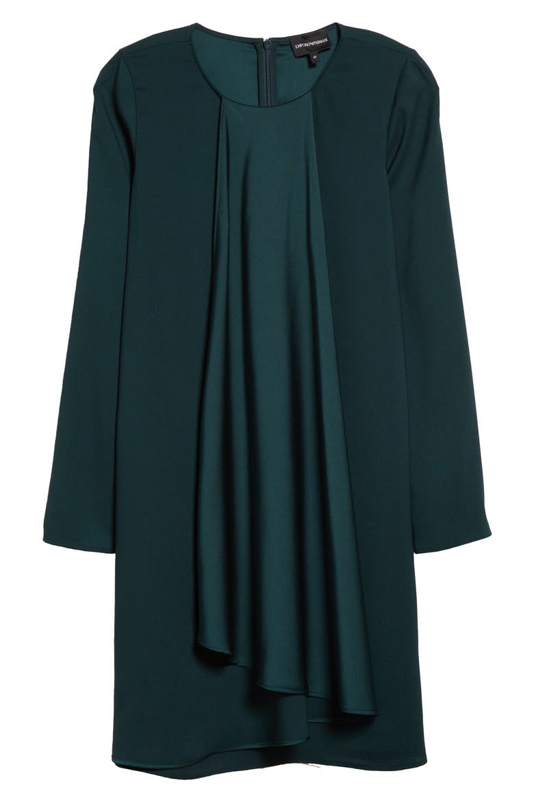 Ruffle Long Sleeve Crepe Shift Dress, Alternate, color, SOLID DARK GREEN