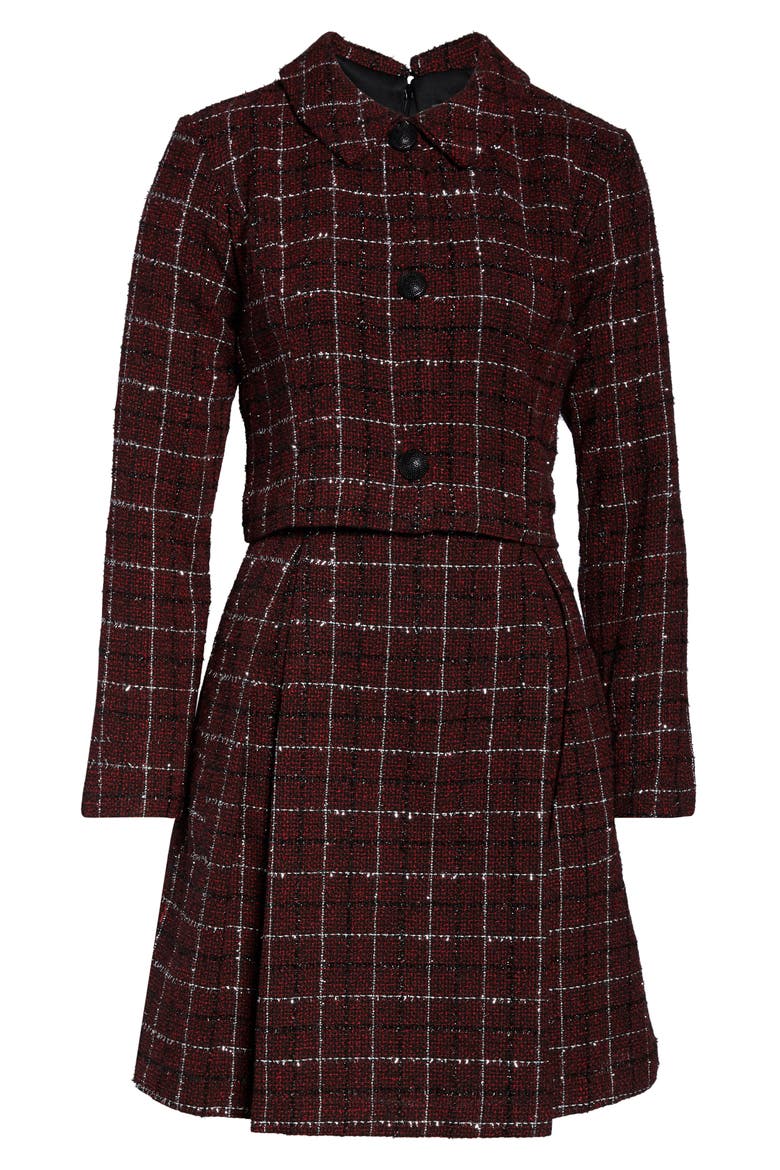 Long Sleeve Mock Two-Piece Tweed Dress, Alternate, color, RED/ BLACK