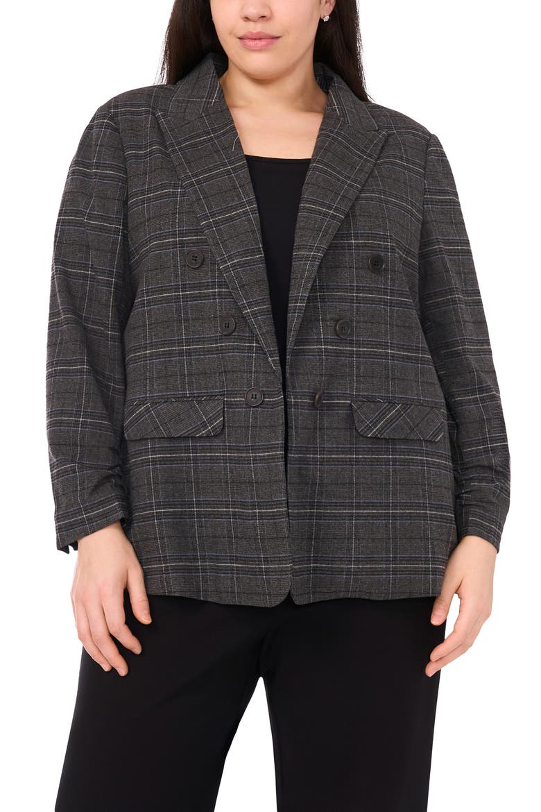 Plaid Scrunch Sleeve Blazer, Main, color, GREY/ AEGEAN BLUE