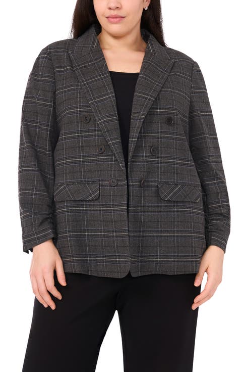 Plaid Scrunch Sleeve Blazer (Plus)