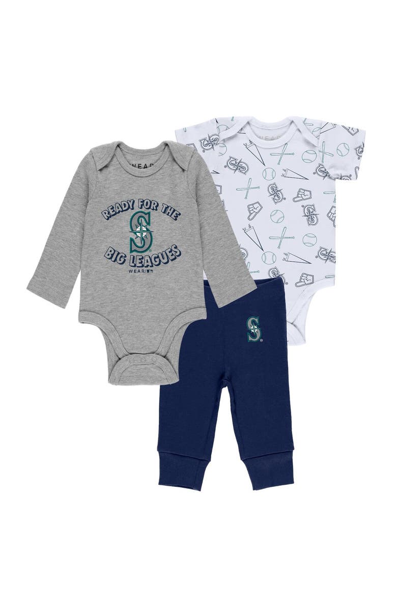 WEAR by Erin Andrews Newborn & Infant WEAR by Erin Andrews Gray/White/Navy Seattle Mariners Three-Piece Turn Me Around Bodysuits & Pants Set, Main, color, 