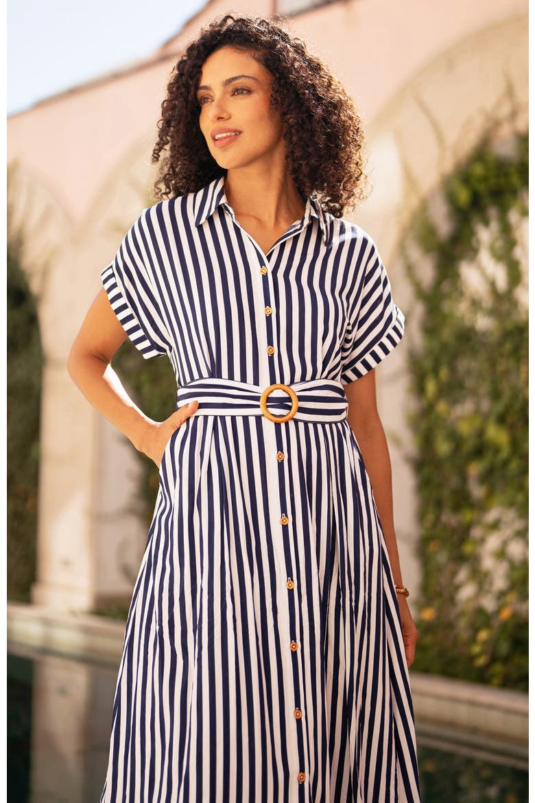 Stripe Print Belted Midi Shirt Dress, Alternate, color, Navy