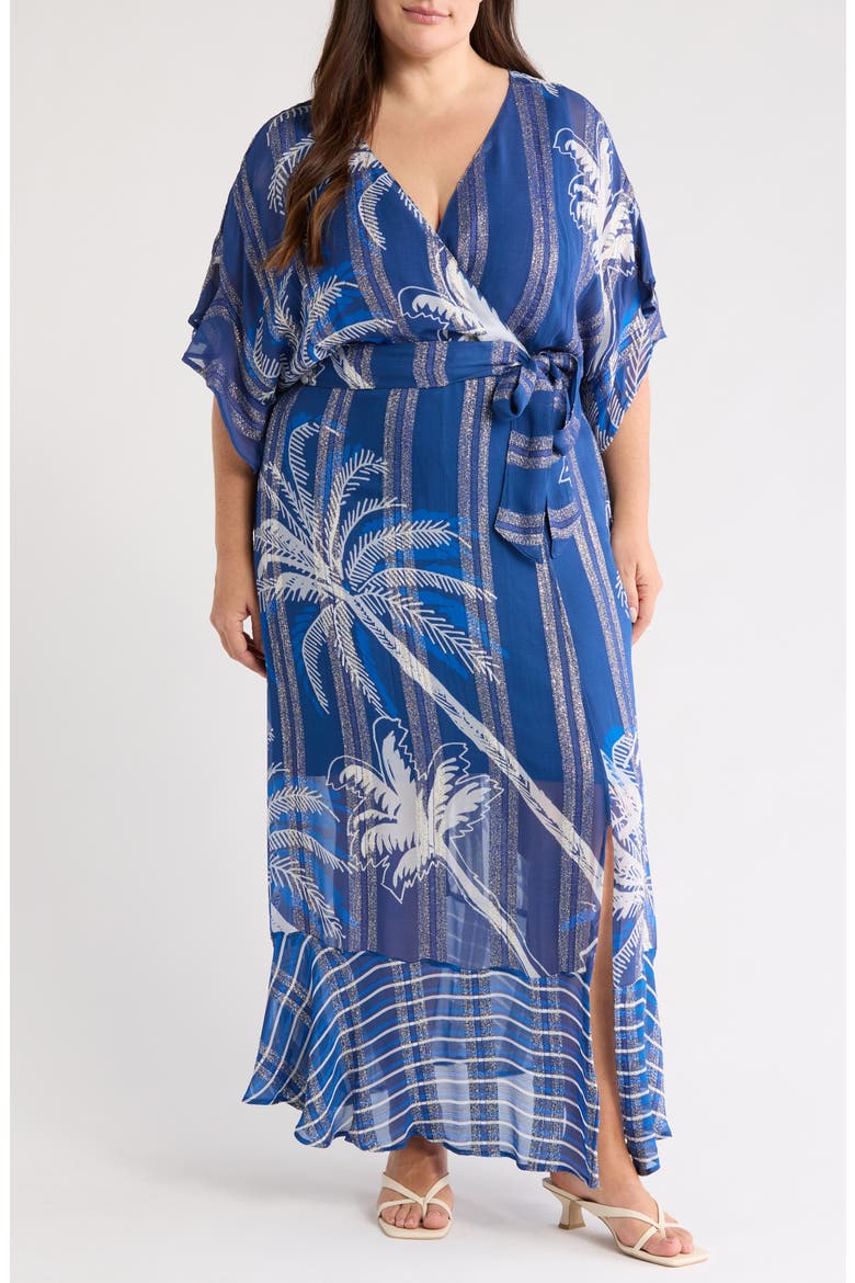 Tammy Metallic Palm Maxi Dress, Main, color, NAVY MULTI