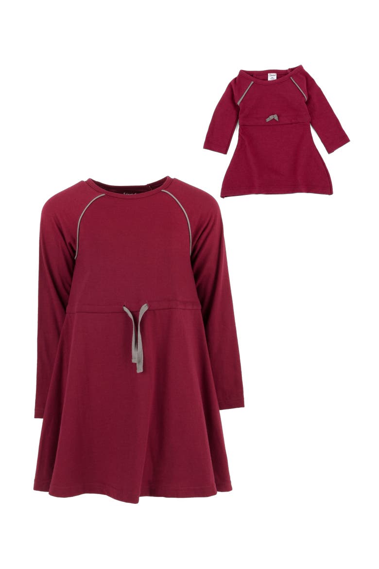 Girls Bow Tie Dress with Matching Doll Dress, Alternate, color, MAROON