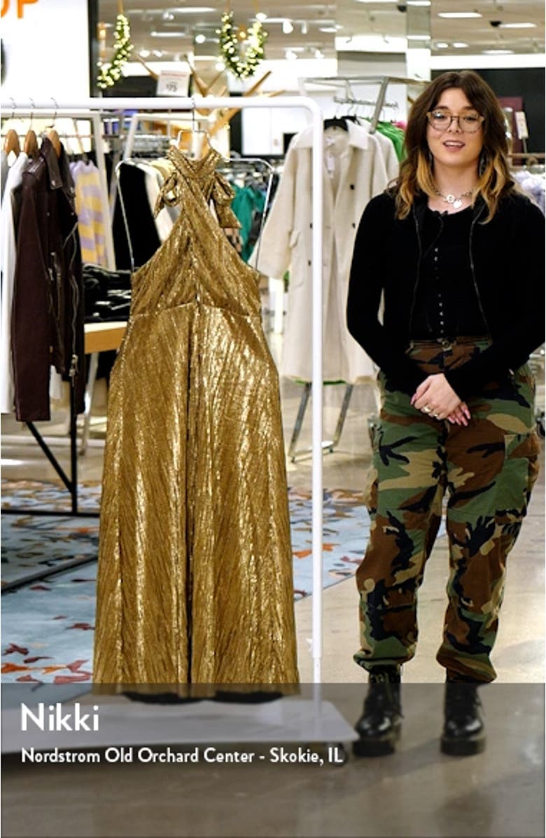 Metallic Halter Neck Plissé Midi Dress, sales video thumbnail