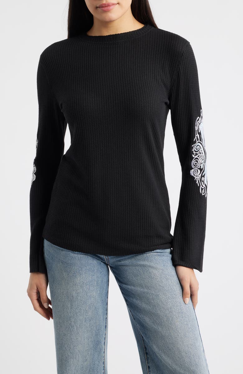 NIKKI LUND Lund Embroidered Rib Thermal Top, Main, color, Black